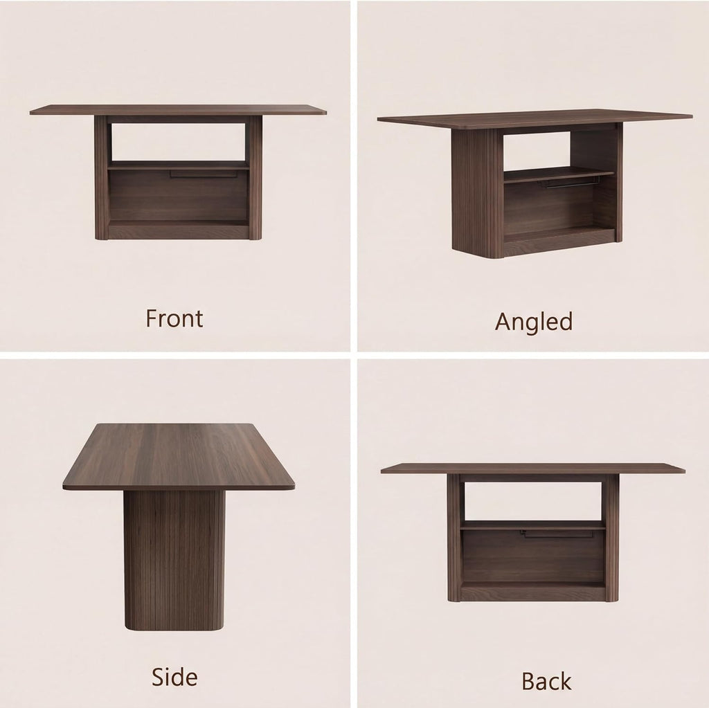 FUQARHY Dining Table for 6, Small Rectangular Kitchen Table for 4 with 2-Tier Storage Shelf, Farmhouse Modern Fluted Wood Table (Walnut)