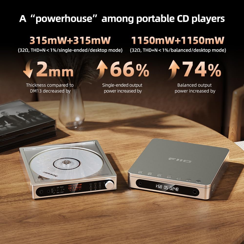 FiiO DM15 Portable Stereo CD Player with True 24Bit R2R DAC  1150mW+1150mW High-Power Output  aptX Adaptive Bluetooth Transmitter  24 Sound Presets  USB/CD HiFi Audio  HD Display (Black)