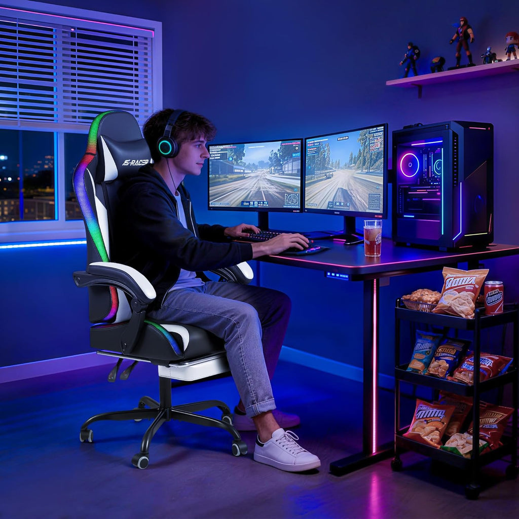 Homall Gaming Chair with Massage & Footrest, Ergonomic Computer Office Chair, High-Back Racing Style Reclining Chair with Adjustable Lumbar Support, PU Leather for Adults (White)