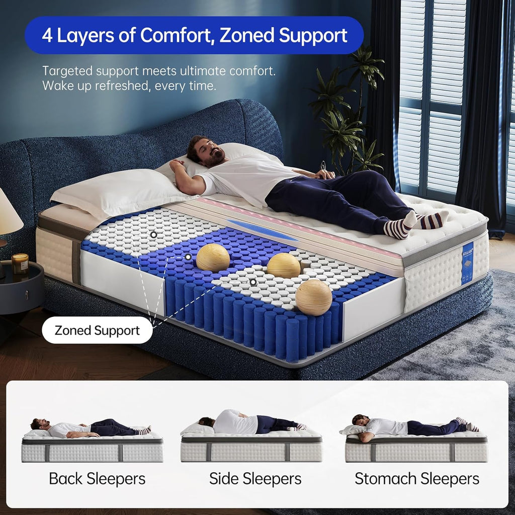 Queen Size Mattress, 14 Inch Hybrid Mattress in a Box, Gel Memory Foam Individually Wrapped Pocket Coils Innerspring Pressure Relief, Firm
