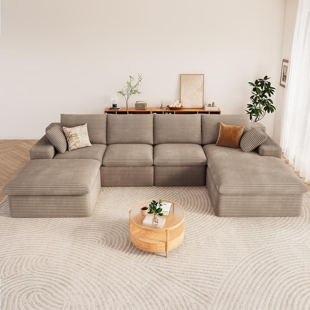 136" Cloud Couch Modular Sectional Couchs with Chaise Lounge, U-Shape Boneless Couches with Ottoman for Living Room, Corduroy Sofa with Deep Seat, No Assembly Required (Camel, Right Facing Chaise)