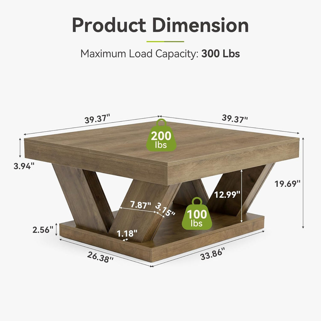 LITTLE TREE Coffee Table, Farmhouse Coffee Table with Large Storage Shelf, 2-Tier Rustic Wood Modern Center Table for Living Room、Home Office, Rustic Brown