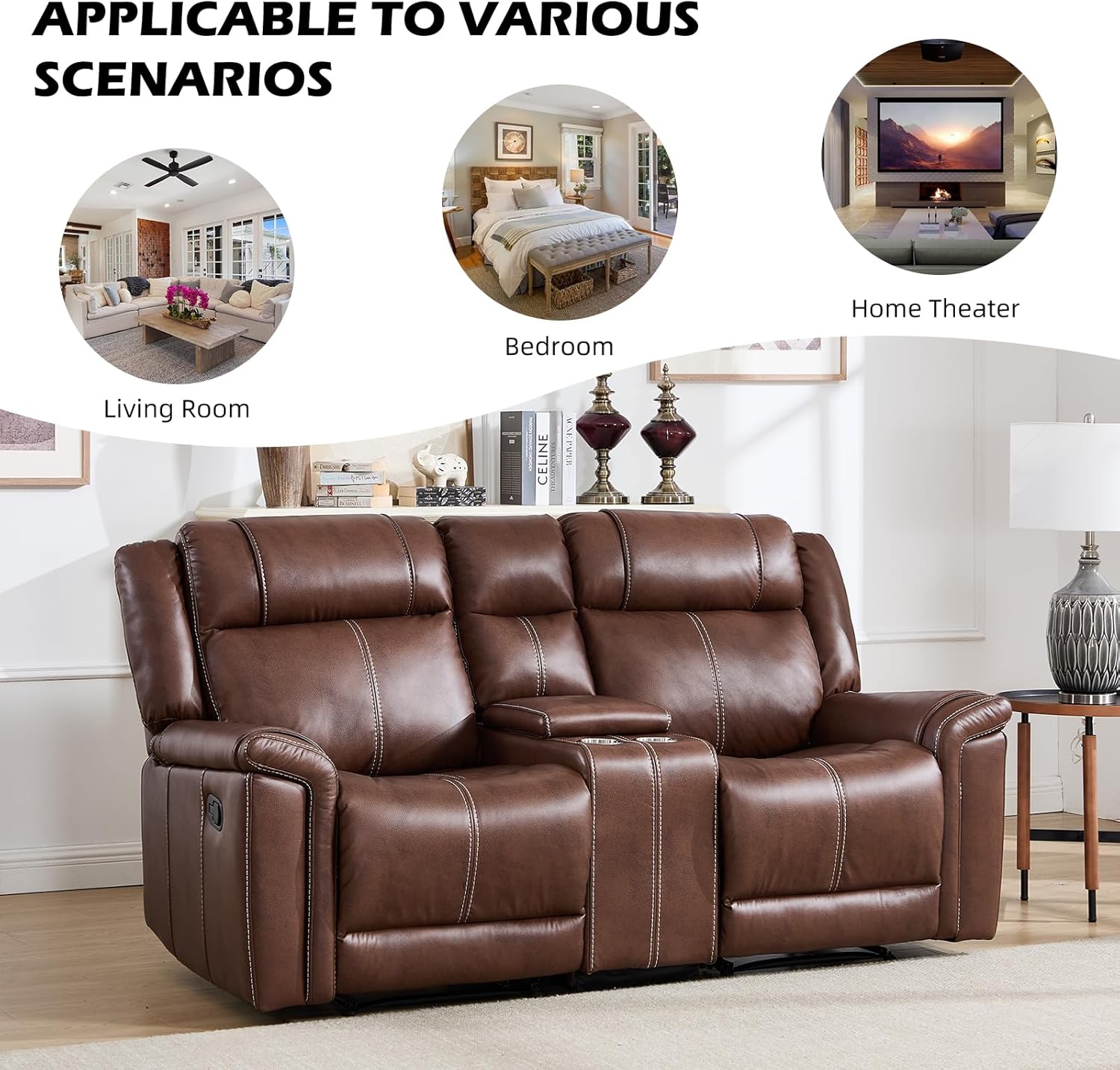 EBELLO Faux Leather Recliner Loveseat Sofa, Manual Reclining Couch, Mid-Century Modern 2-Seater Chair with Handy Cup Holders and Storage Space, for Living Room, Meeting Room, Brown