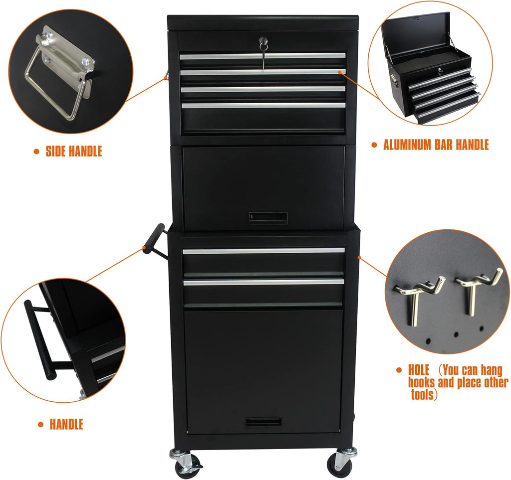 RYH 6 Drawers Rolling Tool Chest & Tool Box on Wheels | Heavy Duty Metal Cart with Ball Bearing Drawers | Fits US General Tool Box for Garage Storage (Black, 6 Drawers 3 in 1/51.99" H × 20.87" W)