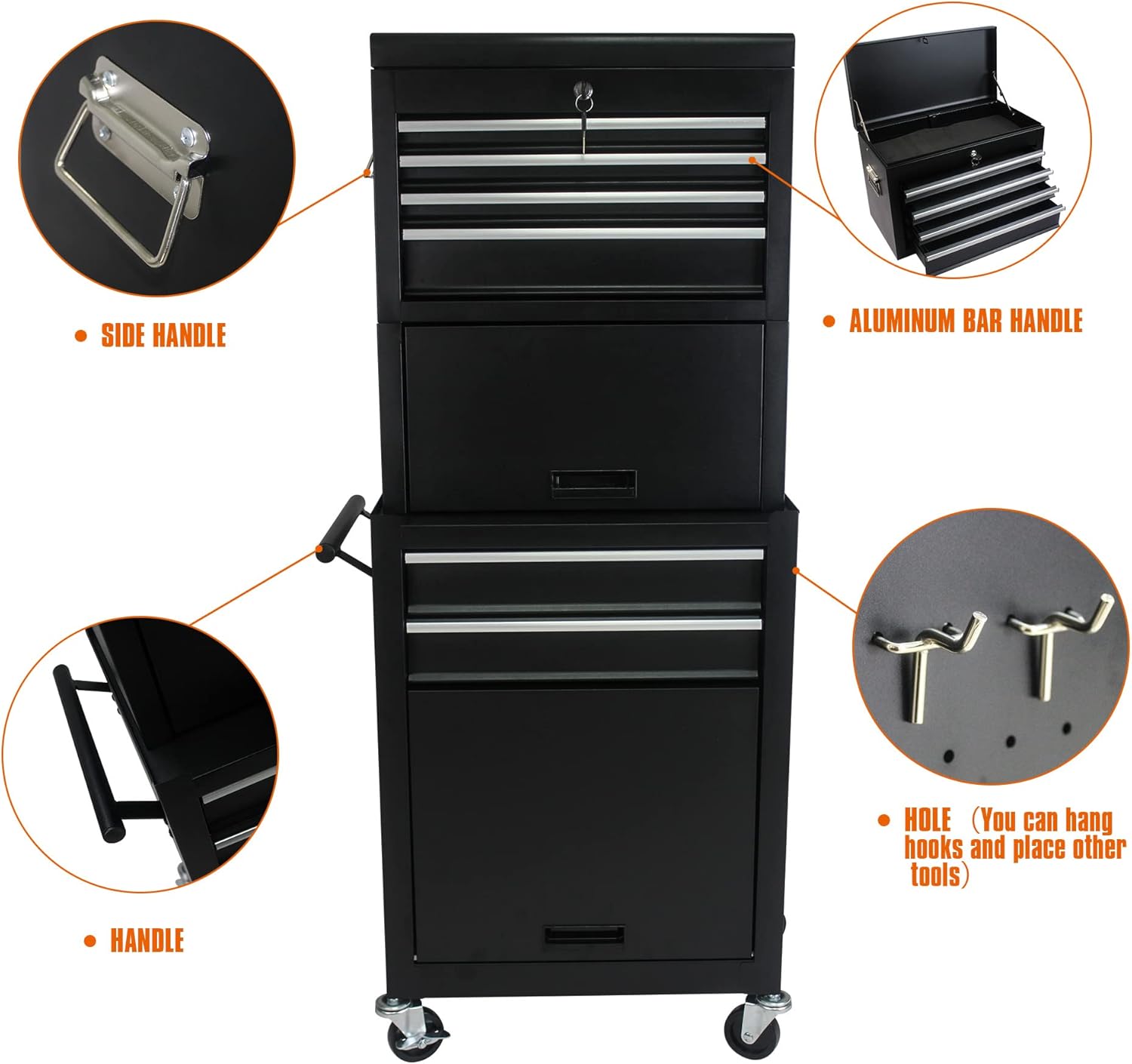 RYH 6 Drawers Rolling Tool Chest & Tool Box on Wheels | Heavy Duty Metal Cart with Ball Bearing Drawers | Fits US General Tool Box for Garage Storage (Black, 6 Drawers 3 in 1/51.99" H × 20.87" W)