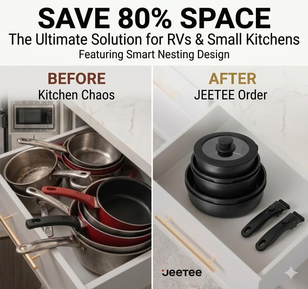 JEETEE Cookware Set (6 Essential Pots & 19 Accessories), Nonstick Pots and Pans with Detachable Handle for Induction Cooking, RV Kitchen Space Saving, PFAS Free, Black