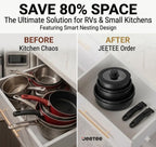 JEETEE Cookware Set (6 Essential Pots & 19 Accessories), Nonstick Pots and Pans with Detachable Handle for Induction Cooking, RV Kitchen Space Saving, PFAS Free, Black