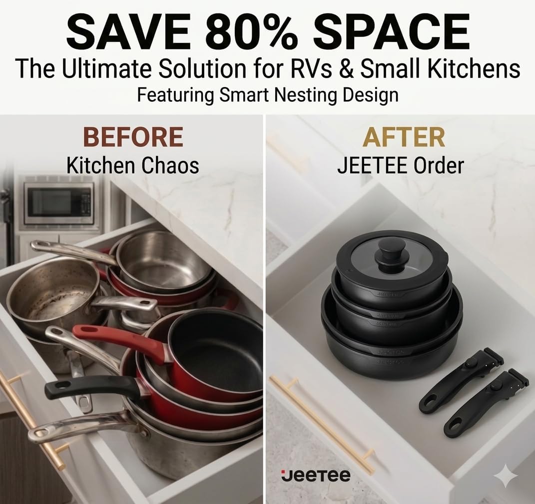 JEETEE Cookware Set (6 Essential Pots & 19 Accessories), Nonstick Pots and Pans with Detachable Handle for Induction Cooking, RV Kitchen Space Saving, PFAS Free, Black