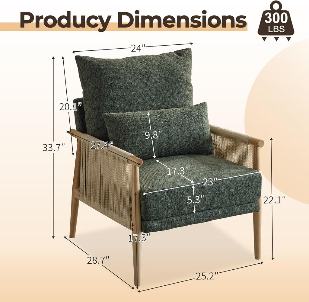 Karl home Cozy Chenille Accent Chair with Lumbar Pillow & Rattan Arms Modern Lounge Chair for Living Room, Bedroom, Reading Nook, Green