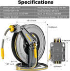 GLAHODEN Double Arm Retractable Air Hose Reel, 3/8 in × 65 ft Hybrid Hose Heavy Duty Steel Professional Air Compressor Hose Reel with 5 ft Lead in Max 300PSI Auto Rewind Quick Coupler Swivel Fitting