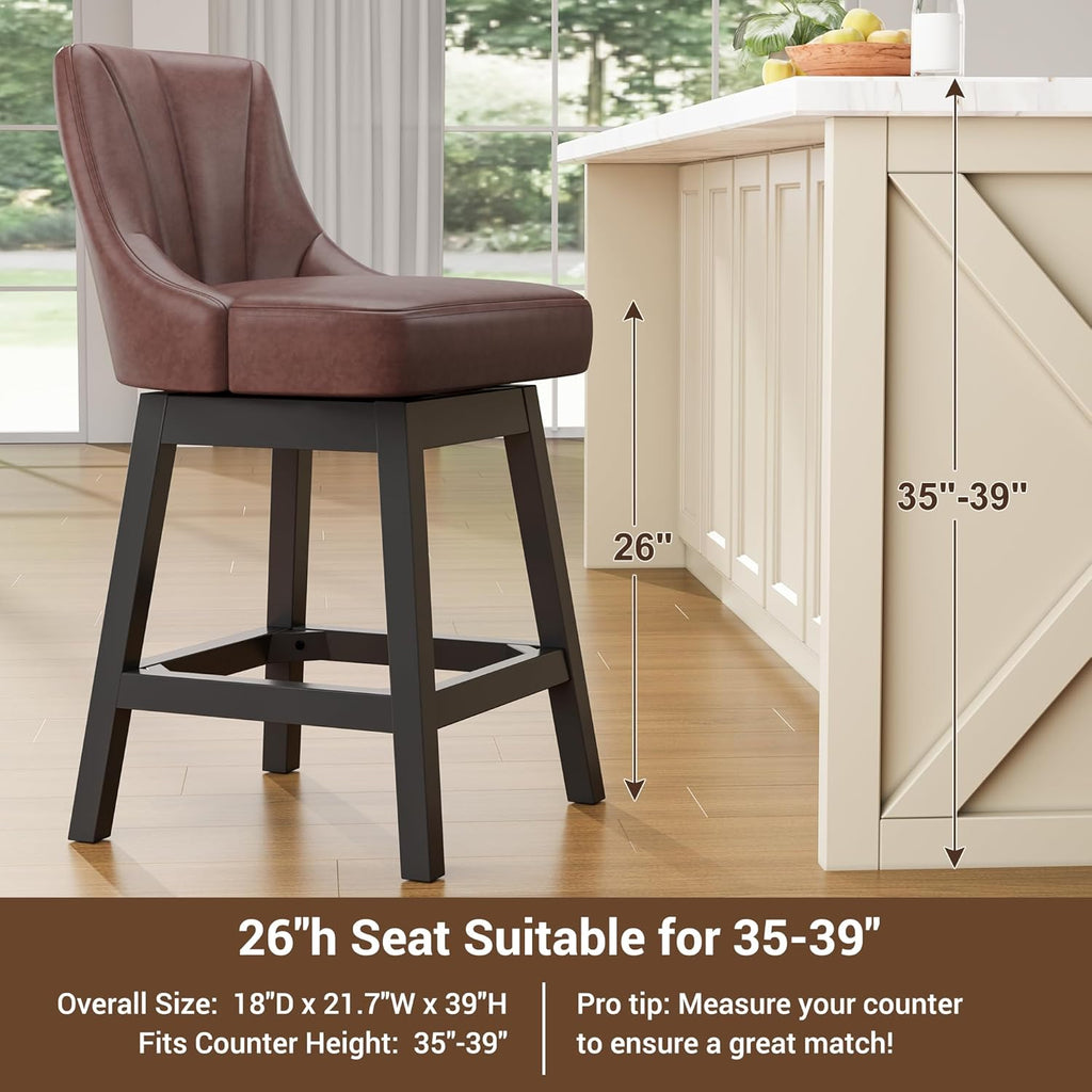 Swivel Bar Stools with Backs, 26" Counter Height Bar Stools Set of 4, Modern Leather Extra Upholstered Counter Barstools with Square Solid Wood Legs for Kitchen Island, Dining Room, Brown