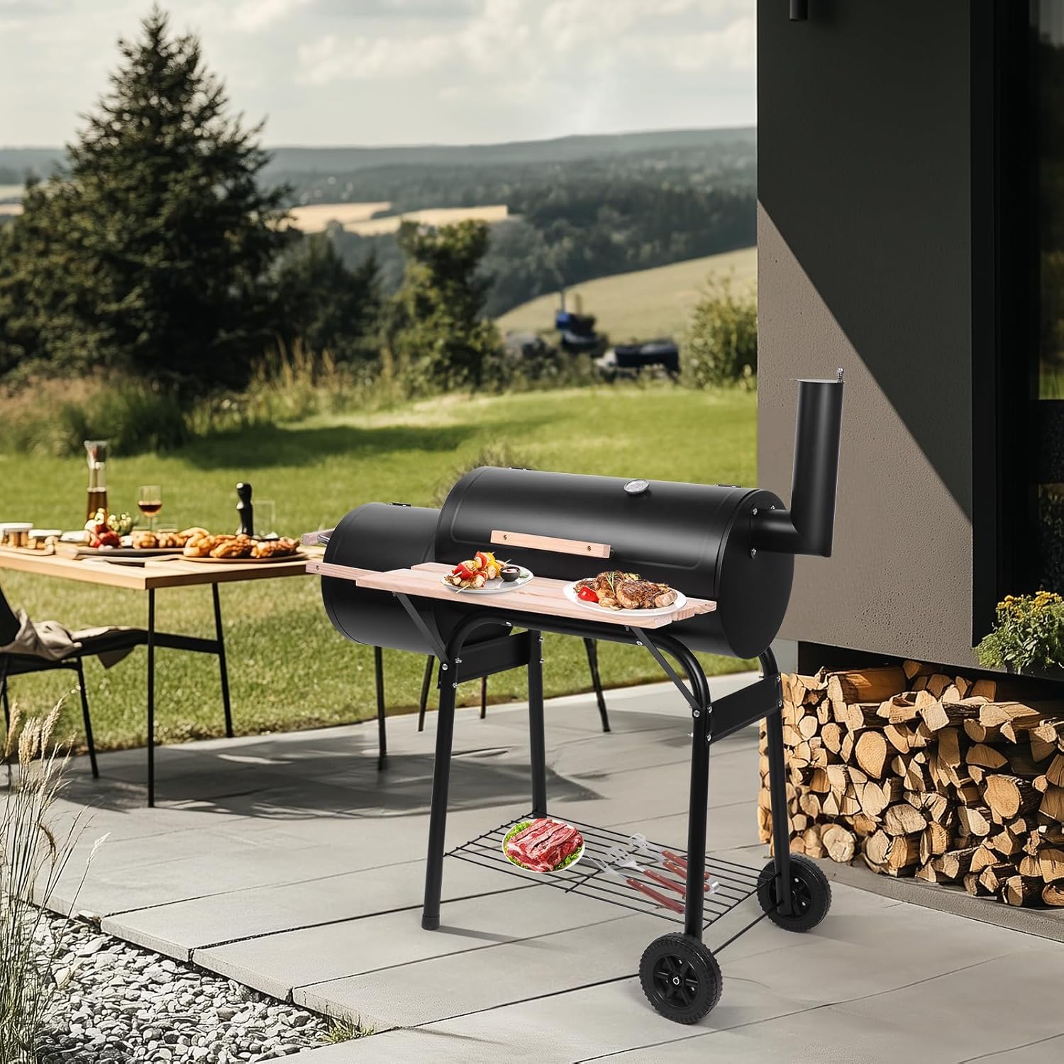 Outvita BBQ Charcoal Grill, Outdoor Patio Barbecue Cooker with Offset Smoker, Wheels and Tray for Balcony Picnics, Party and Camping