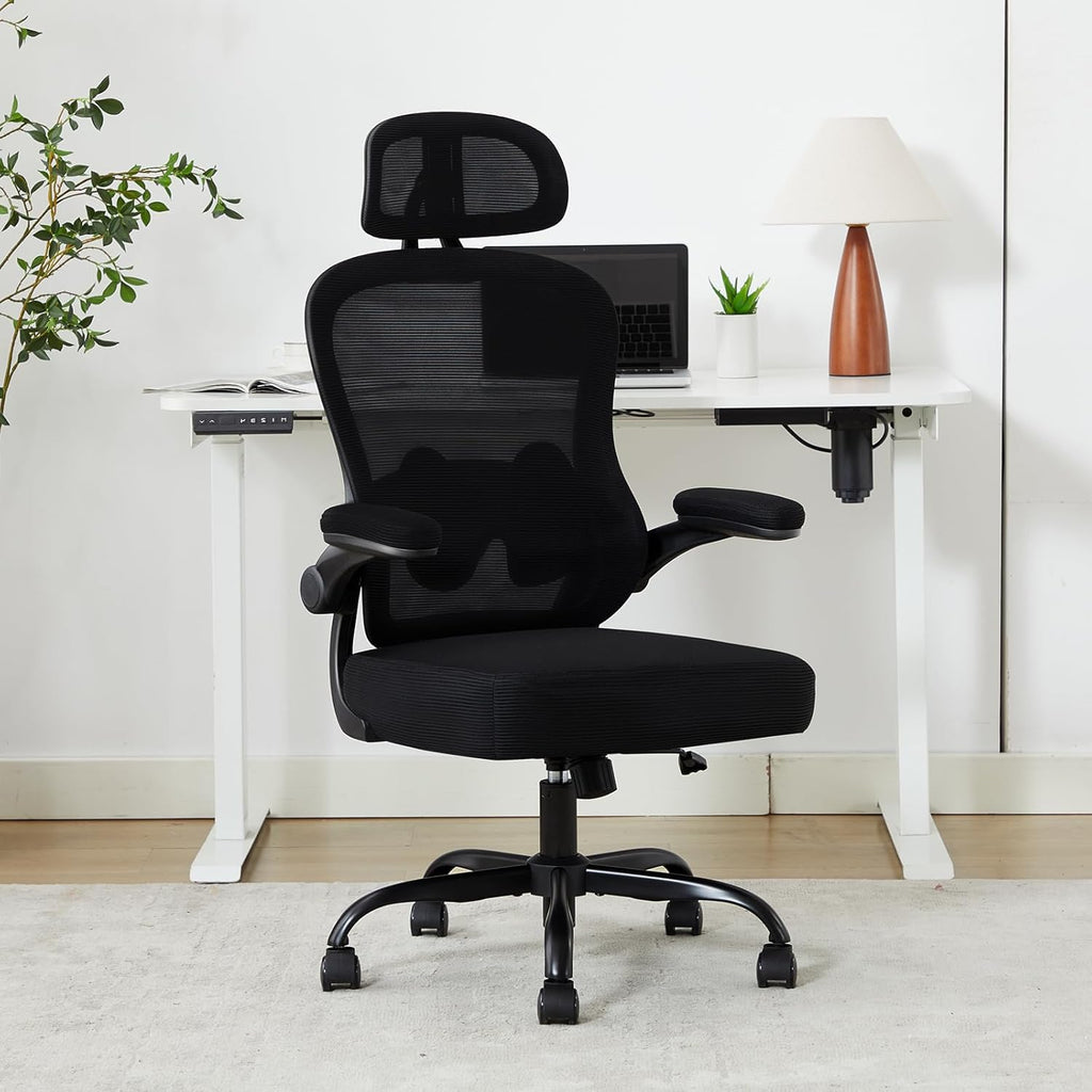 Ergonomic Office Chair,Ultra Thick Office Desk Chair with Adjustable Lumbar Support and Headrest,Spring Cushion,Rocking Function,Flip-up arms,Mesh Computer Chair for Home Office,Black