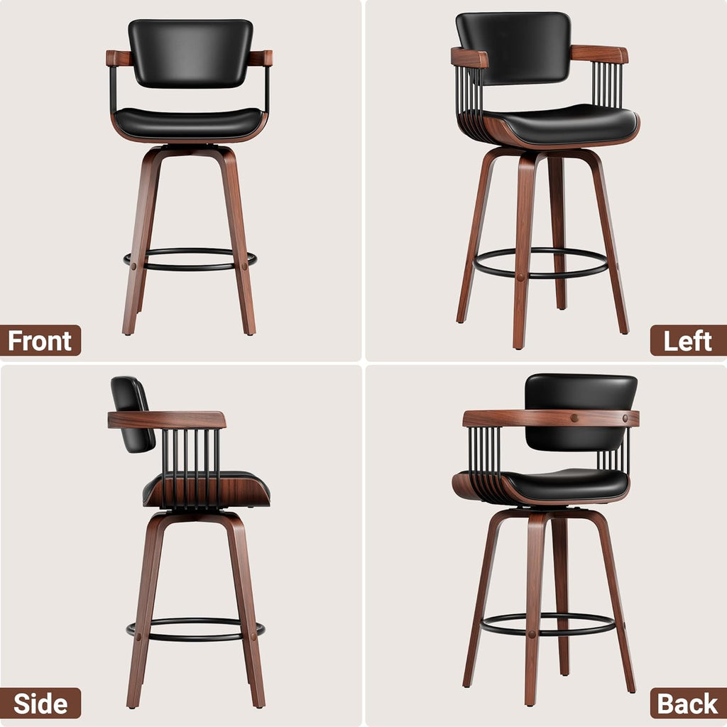Swivel Counter Height Bar Stools Set of 2, 26 Inch Mid Century Modern Bentwood Barstools with Padded Back and Wood Legs, PU Leather Kitchen Island Chairs with Arms, Black
