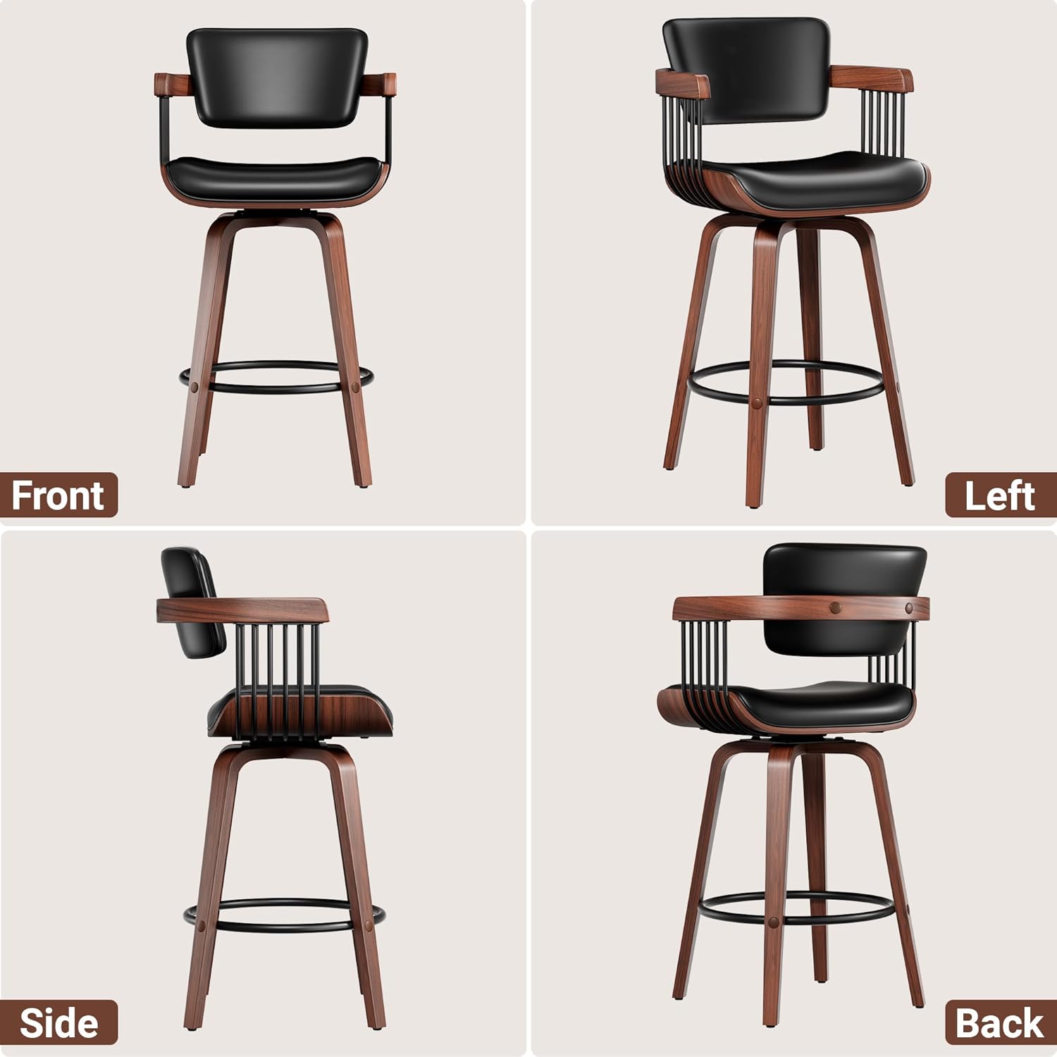 Swivel Counter Height Bar Stools Set of 2, 26 Inch Mid Century Modern Bentwood Barstools with Padded Back and Wood Legs, PU Leather Kitchen Island Chairs with Arms, Black