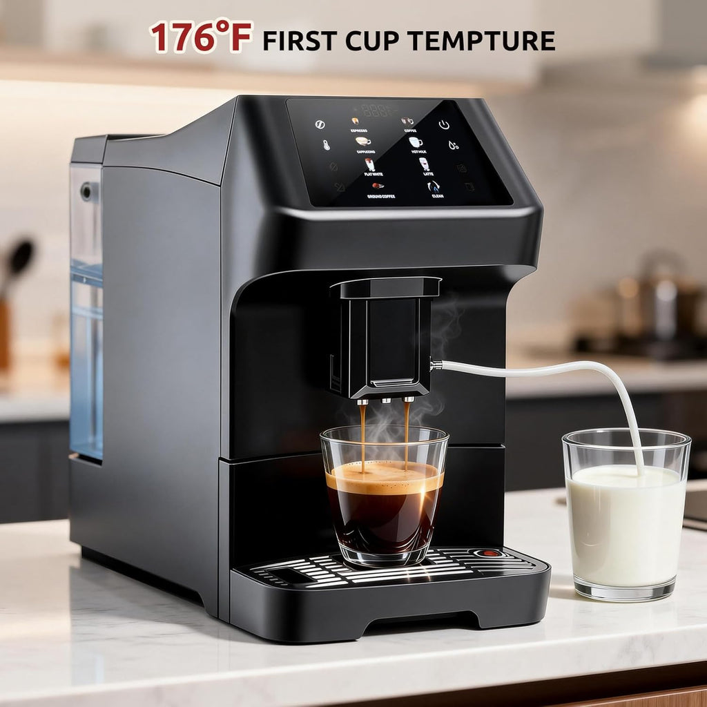 Automatic Espresso Coffee Machine with Grinder and Milk Frother, 19 Bar Pressure Extraction, Auto Cleaning & Descaling Function - for Latte, Cappuccino, Americano, Flat White, Iced & Hot Coffee