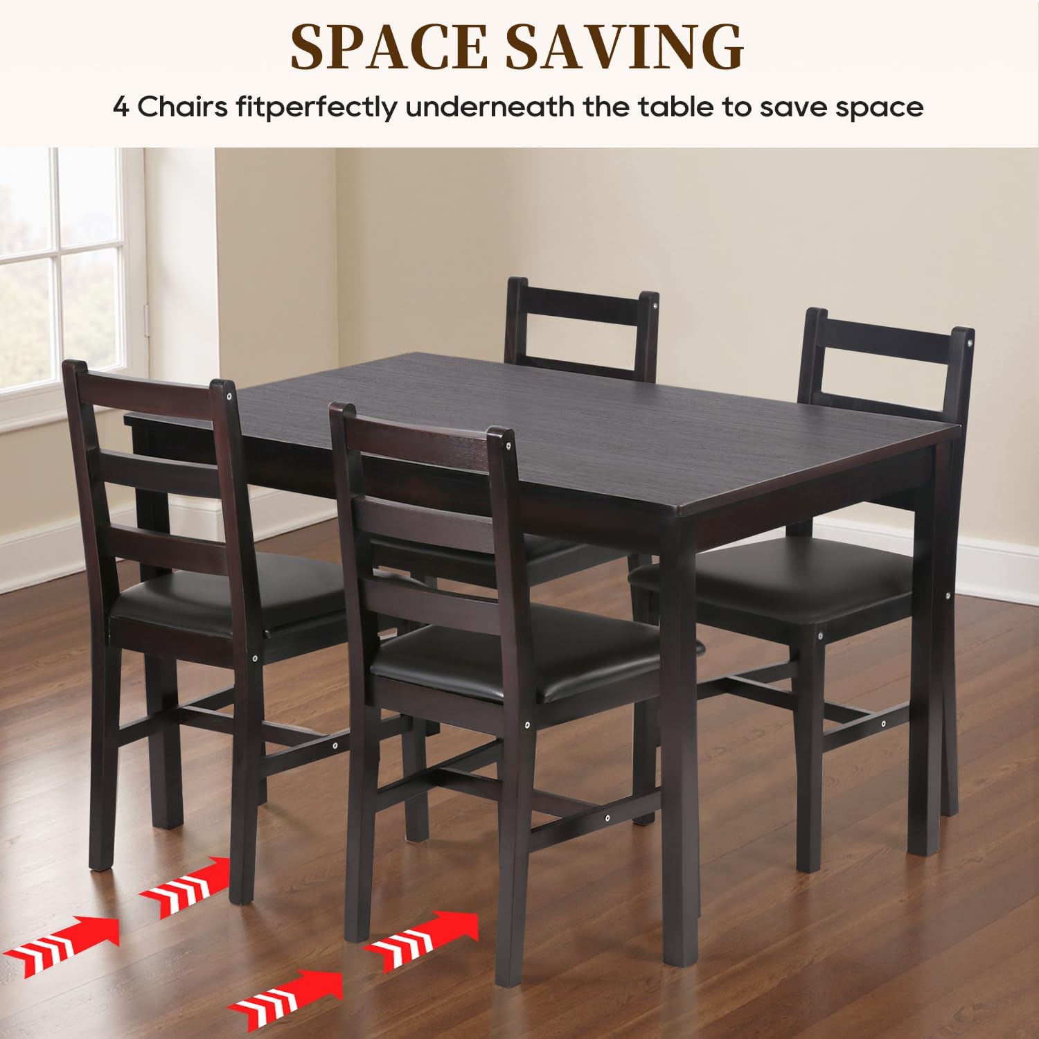 FDW | 5-Piece Solid Wood Dining Table Set for 4 | Brown | Space-Saving Design | Smooth Easy-to-Clean Surface | Pine Kitchen Table with Upholstered Chairs | for Dining Room, Apartment, Restaurant