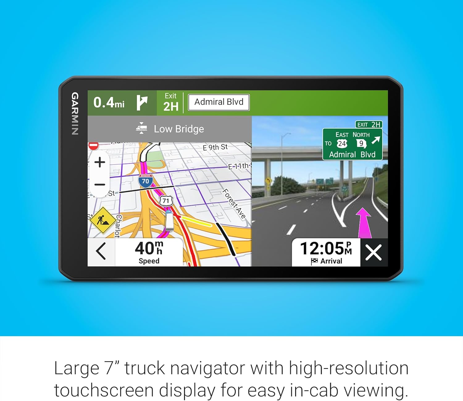 Garmin dezl OTR720  Large 7' GPS Navigator  Custom Truck Routing  Satellite Imagery  Wind Speed  Community-Shared Loading Docks & Parking Availability