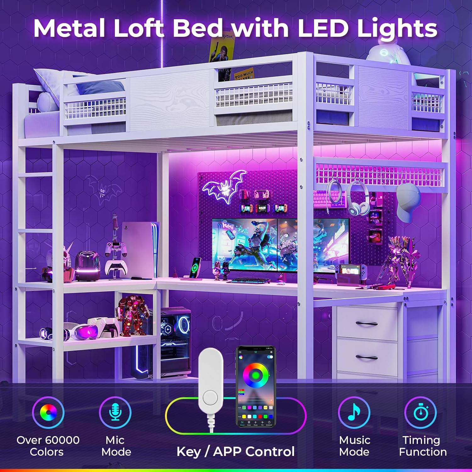 ADORNEVE Loft Bed Twin Size with L-Shaped Desk, LED Lights,Charging Station, Twin Metal Loft Bed Frame with Fabric Drawers & Shelve, 13.4" H Safety Guardrail, No Box Spring Needed, White