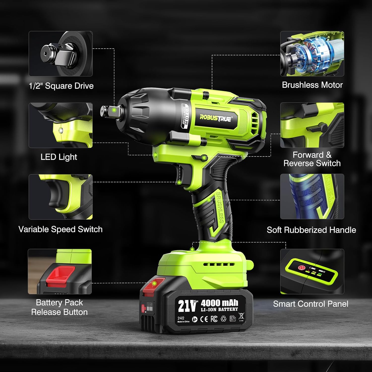 Robustrue Cordless Impact Wrench, 885Ft-lbs (1200N.m) 1/2" Brushless Impact Gun, 21V High Torque Power Impact Driver, 2x4.0Ah Batteries Electric Impact Motor Variable Speeds for Car/Truck RV/Mower
