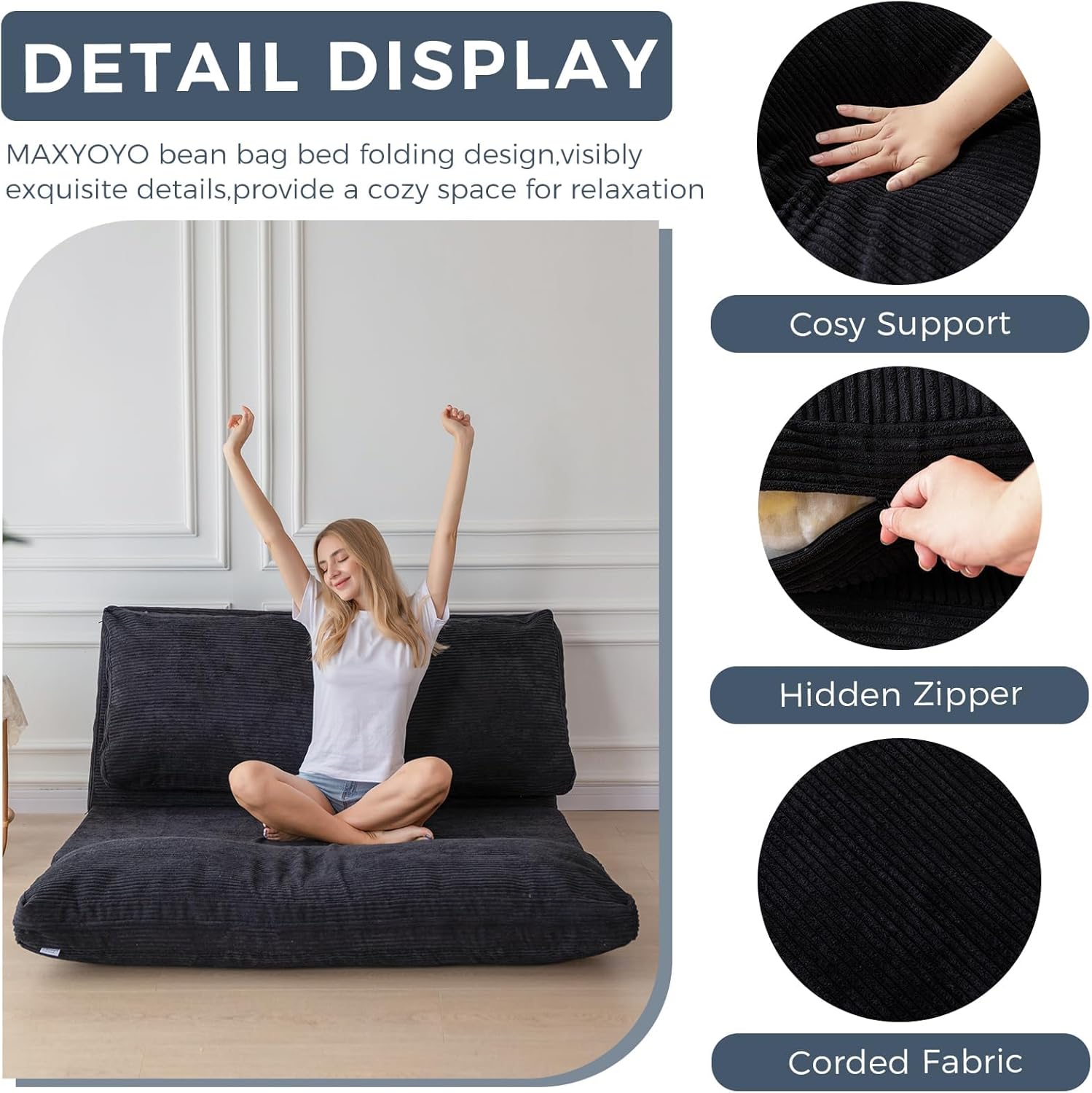MAXYOYO Folding Sofa Bed, Extra Thick and Long Floor Sofa Convertible Sleeper Chair with Washable Cover, Floor Couch Lounge Bean Bag Bed for Living Room, Black, 30"x95"