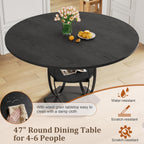 47.2" Black Round Dining Table for 4-6, Circle Kitchen Table with Open Storage Shelf, Modern Wooden Dinner Table with Metal Pedestal Base, Dining Room Tables for Kitchen Small Space