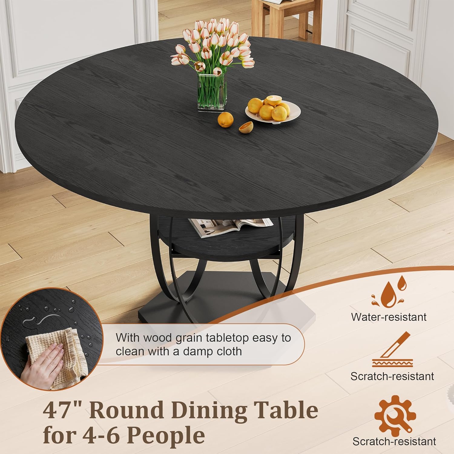 47.2" Black Round Dining Table for 4-6, Circle Kitchen Table with Open Storage Shelf, Modern Wooden Dinner Table with Metal Pedestal Base, Dining Room Tables for Kitchen Small Space