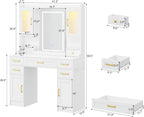 KAMABOKO Vanity Desk with Mirror & LED Lights & Power Outlet, Large Makeup Vanity Table with 5 Drawers and 4 Storage Cabinets, White Dressing Table for Bedroom