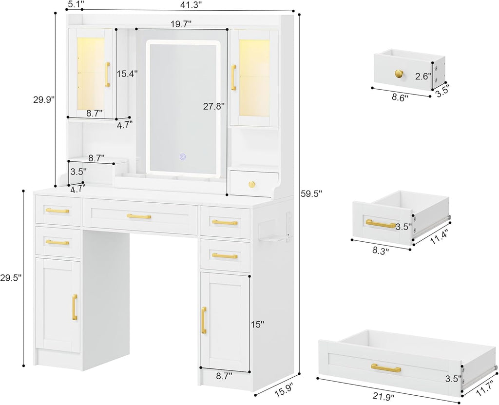 NUNU LAB Makeup Vanity Desk with Mirror and Lights, White Dressing Table with Charging Station, Makeup Vanity with RGB Cabinets and 7 Drawers RGB Cabinets, 3 LED Light Modes (043 White)