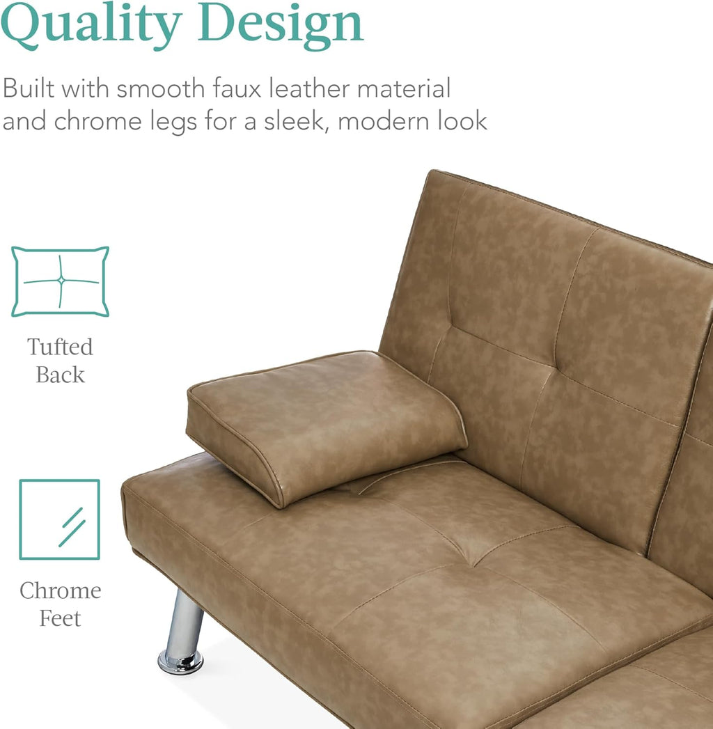 Best Choice Products Faux Leather Upholstered Modern Convertible Futon, Adjustable Folding Sofa Bed, Guest Bed w/Removable Armrests - Taupe