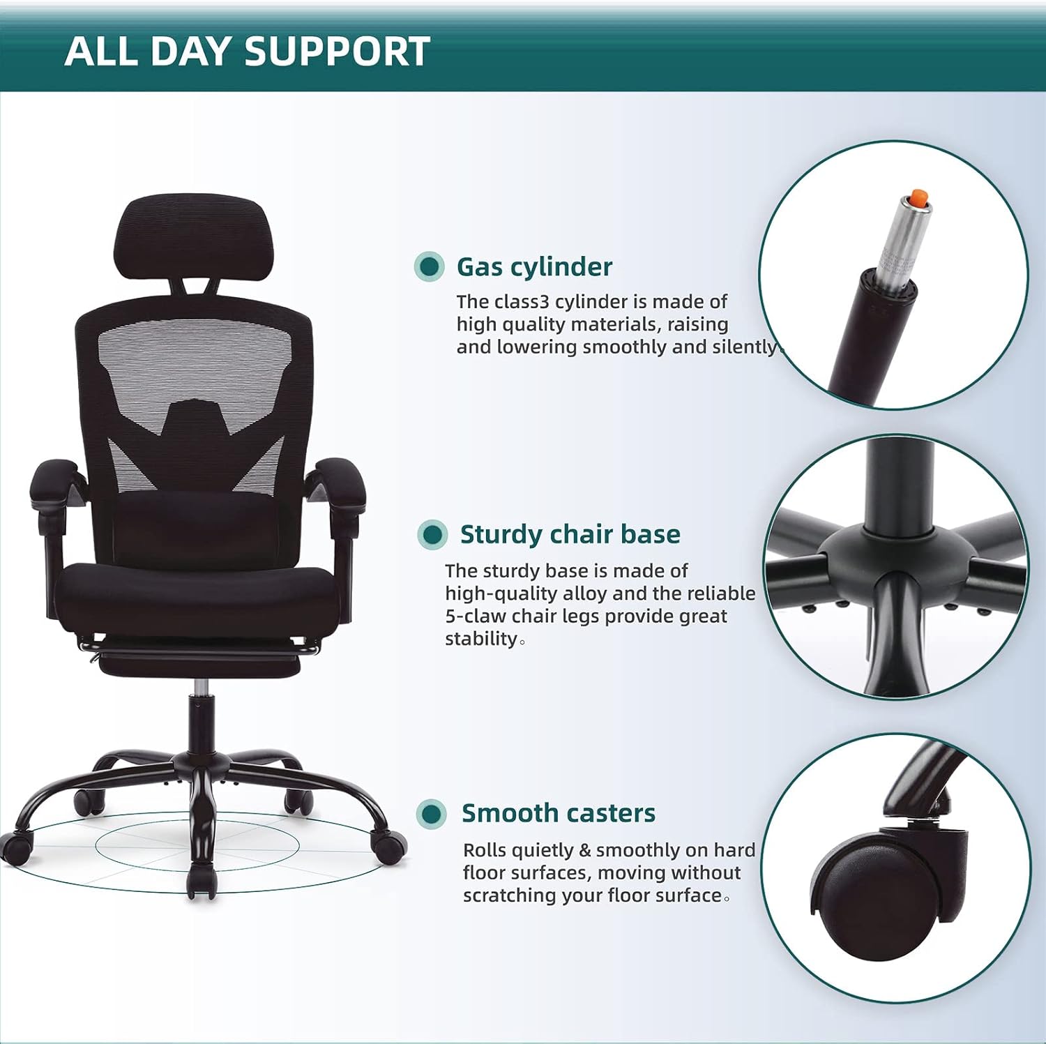 DUMOS Home Office Desk Chair with Footrest, High-Back Mesh Rolling Swivel Reclining Chairs with Wheels, Comfortable Headrest, Lumbar Support, Comfy Arms for Home, Office, Gaming, Student, Inky