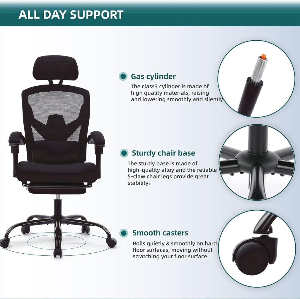 DUMOS Office Desk Computer Chair with Footrest, Ergonomic Mesh Swivel Gaming Chair with Rolling Wheels, Comfortable Headrest, Lumbar Support, Comfy for Home, Office, Task, Student, Inky
