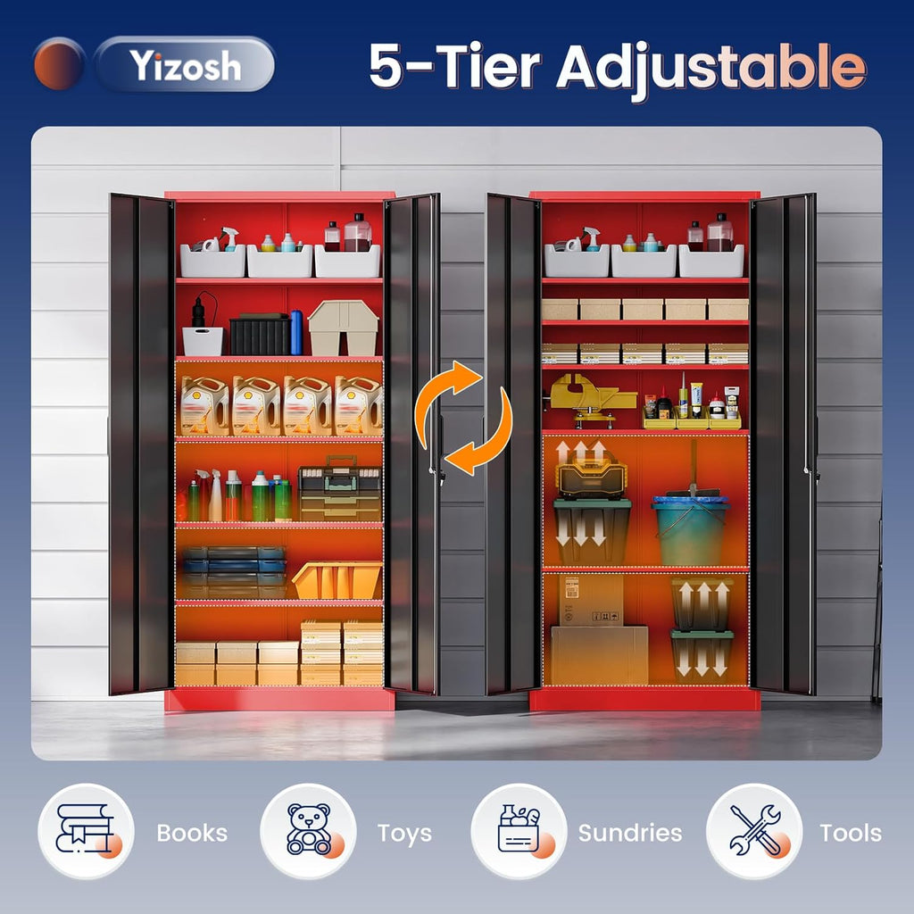 Yizosh Metal Storage Cabinet with Lock Doors and 5 Adjustable Shelves,- 72" Garage Storage Cabinet for Home,Office,Garage,School