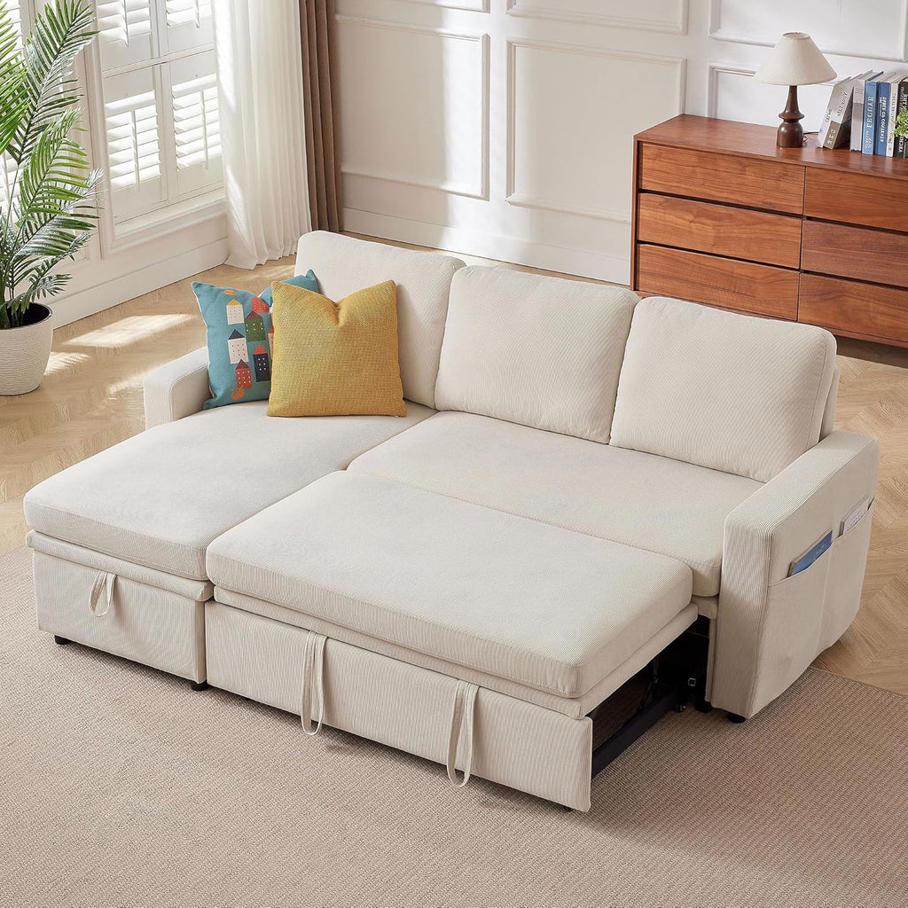 Sleeper Sofa, 79" Sectional Sofa Bed, 2 in 1 Pull Out Couch Bed with Storage Chaise and Side Pockets, L Shaped Sleeper Couch for Living Room, Beige