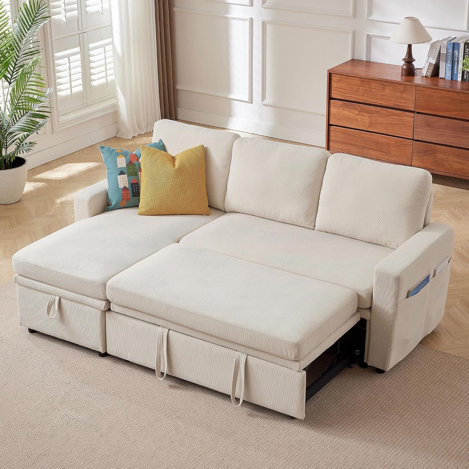 Sleeper Sofa, 79" Sectional Sofa Bed, 2 in 1 Pull Out Couch Bed with Storage Chaise and Side Pockets, L Shaped Sleeper Couch for Living Room, Beige