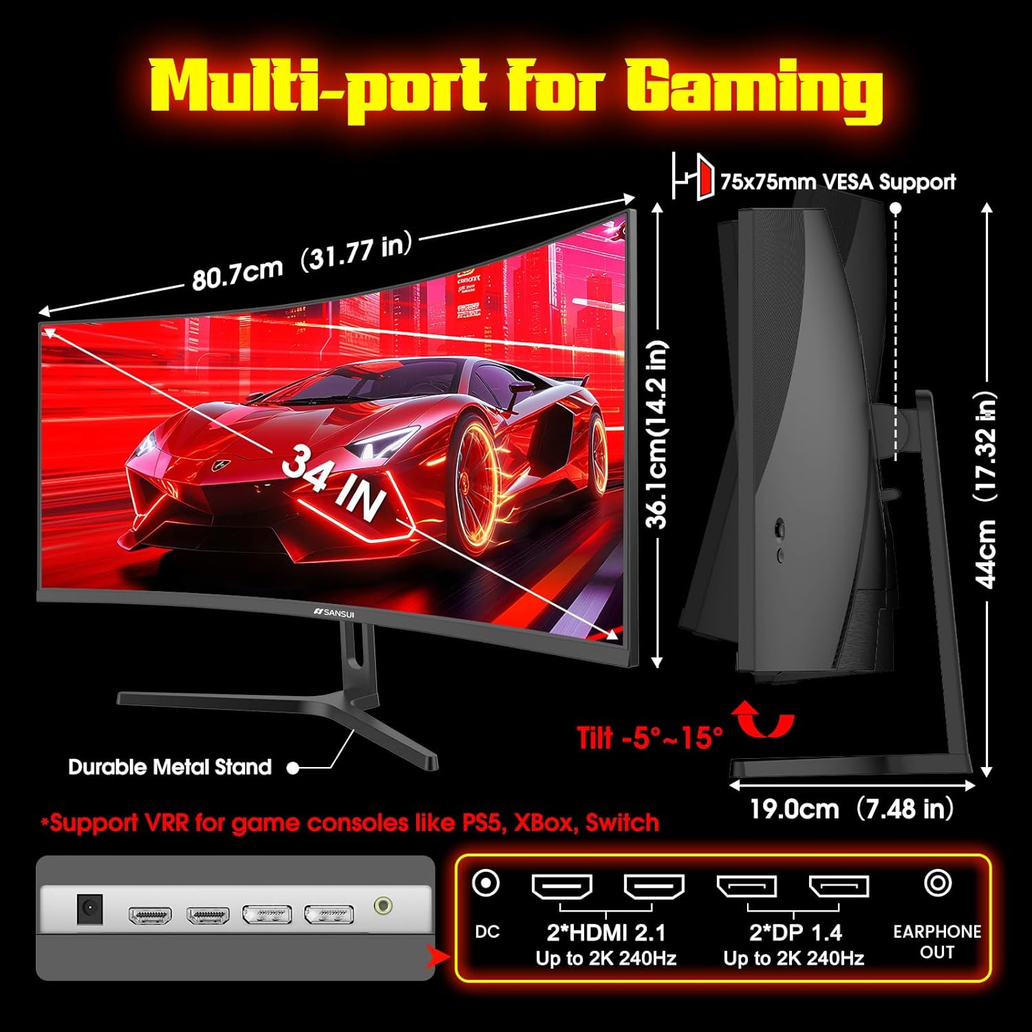 SANSUI 34 Inch 240Hz Ultrawide Curved Gaming Monitor UWQHD 3440×1440  21:9 2K Curved Monitor 1500R HDR400 Fast VA  PIP/PBP AI Crosshair AIPQ(Visual Enhance) MPRT 1ms HDMI2.1*2 DP1.4*2(DP Cable Incl.)