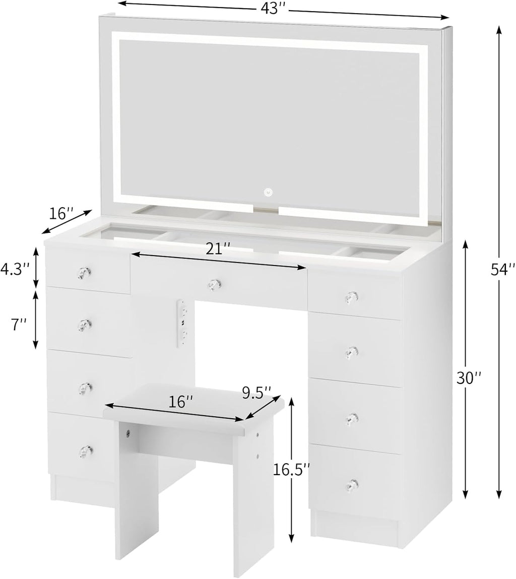 VOWNER Vanity with Lighted Mirror - Glass Top Makeup Desk with Power Outlet and 9 Drawers, 3 Color Lighting Modes Adjustable Brightness, 43" Vanity Desk with Soft Cushioned Stool for Bedroom, White