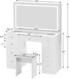 VOWNER Vanity with Lighted Mirror - Glass Top Makeup Desk with Power Outlet and 9 Drawers, 3 Color Lighting Modes Adjustable Brightness, 43" Vanity Desk with Soft Cushioned Stool for Bedroom, White