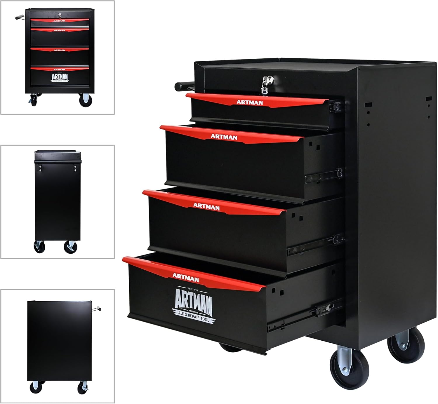 RYH 4/5/6/7 Drawers Rolling Tool Chest - Heavy Duty Mobile Tool Cart with Locking Wheels & Ball Bearing Drawers, 30.5" H x 20.9" W x13 D Garage Tool Storage Cabinet，Metal Tool Box (Black, 4 Drawers)