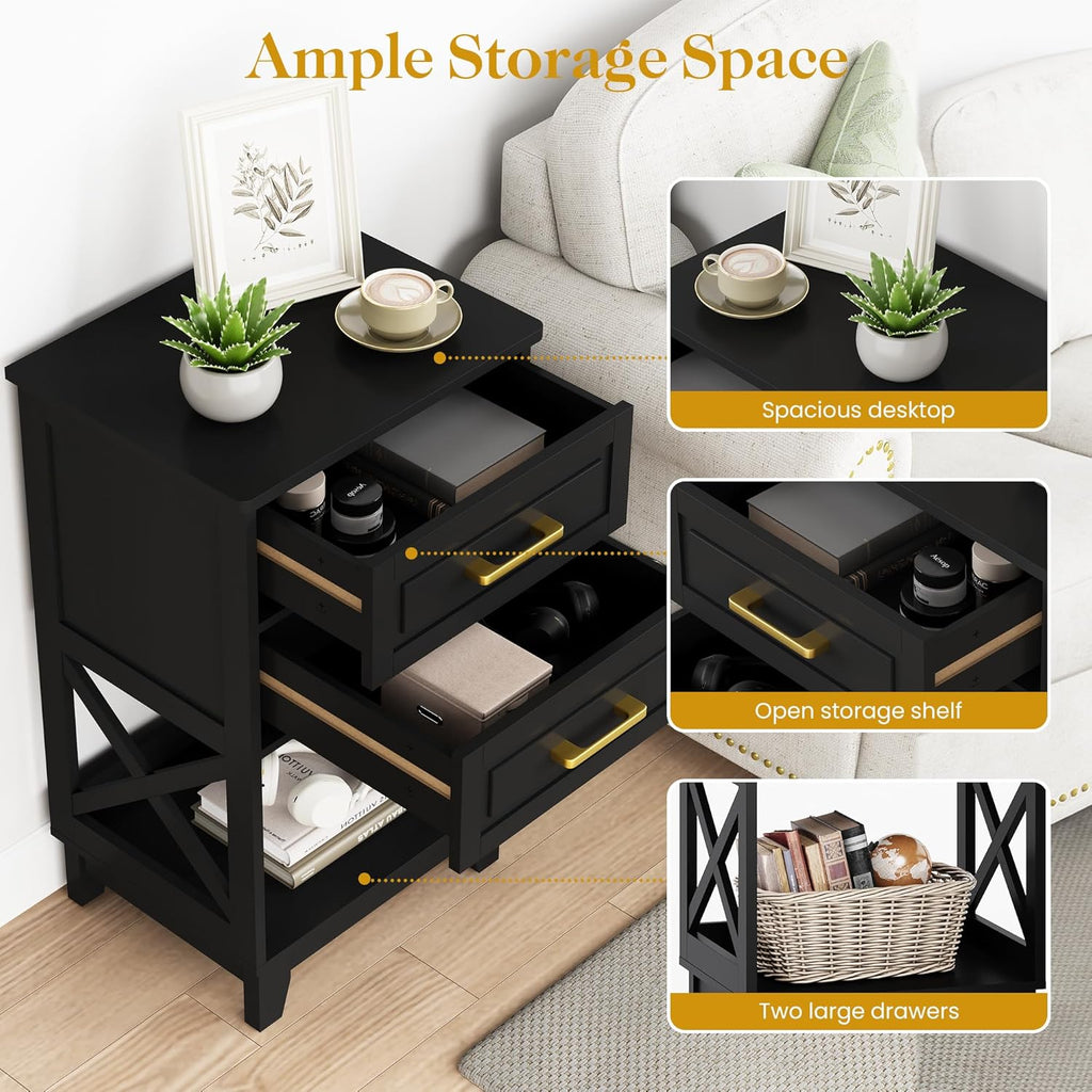 RoyalCraft 30'' Tall Nightstand Set of 2, Modern Painted Bedside Table with 2 Drawers and Open Shelf Below, Wood Side Table for Bedroom, Home Office, Black