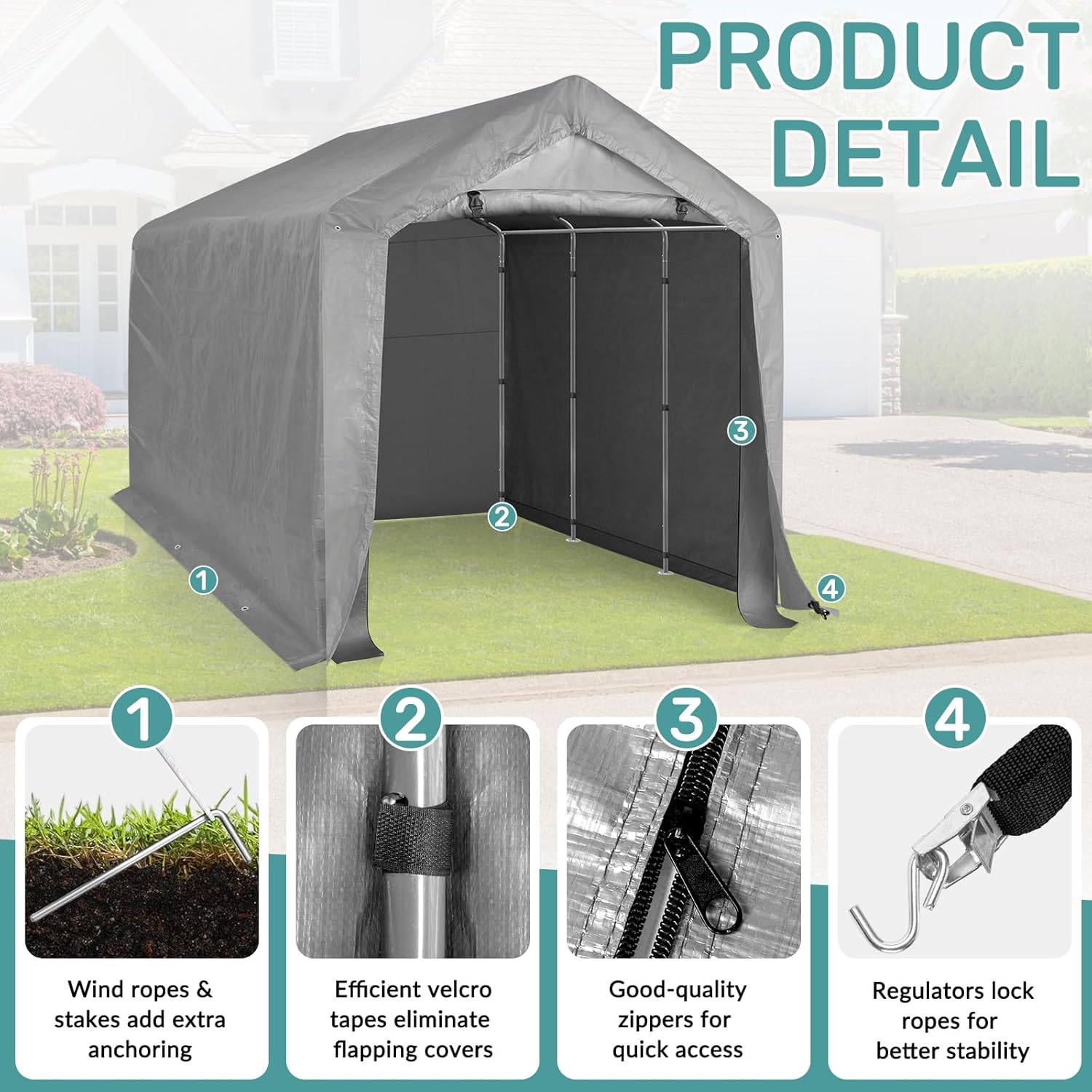 VINGLI 8x12 FT Outdoor Portable Storage Shed, Heavy Duty Bike Tent with Roll-up Zipper Door, Waterproof and UV Resistent Carport for Motorcycle, Garden Tools, Firewood, Gray