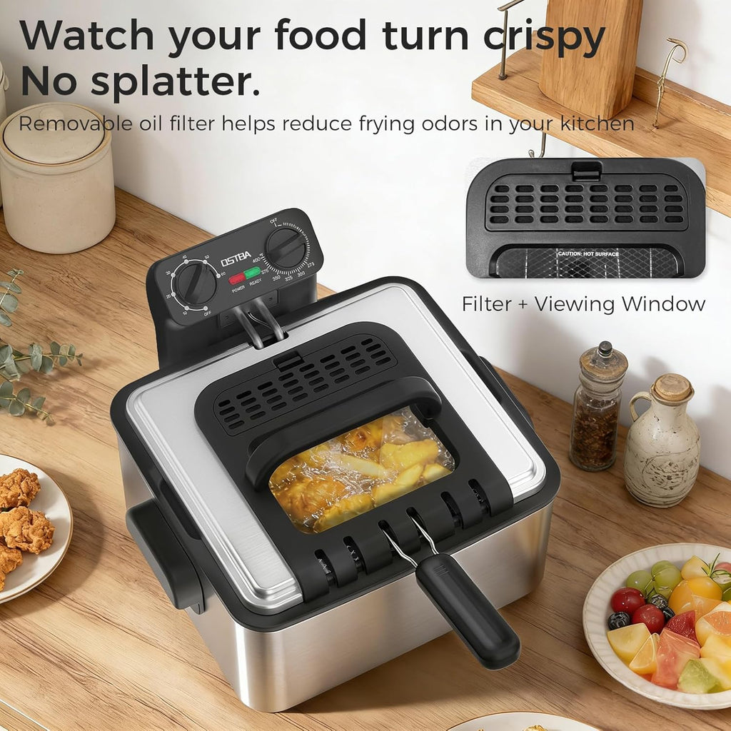 OSTBA Electric Deep Fryer with 3 Baskets, 1700W Stainless Steel Oil Fryer, 4.75QT Countertop Fryer with Adjustable Temperature, Viewing Window, Odor Filter & Removable Oil Container