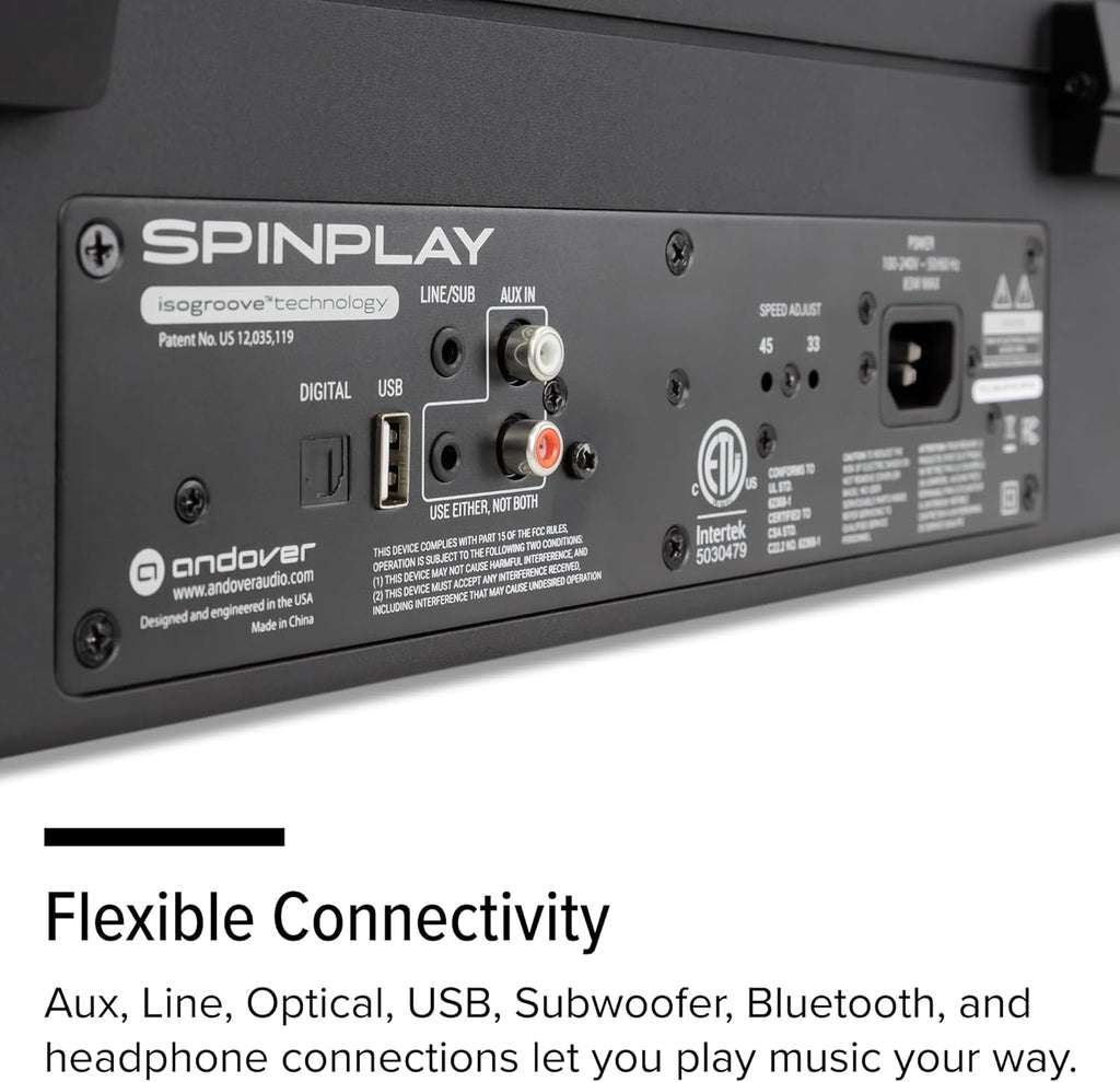 Andover Audio SpinPlay Premium All-in-One Record Player for Vinyl Record Playback - Semi-Automatic  Auto Power-On and Auto-Stop  Integrated Sound System with 270° Speaker Array - Black