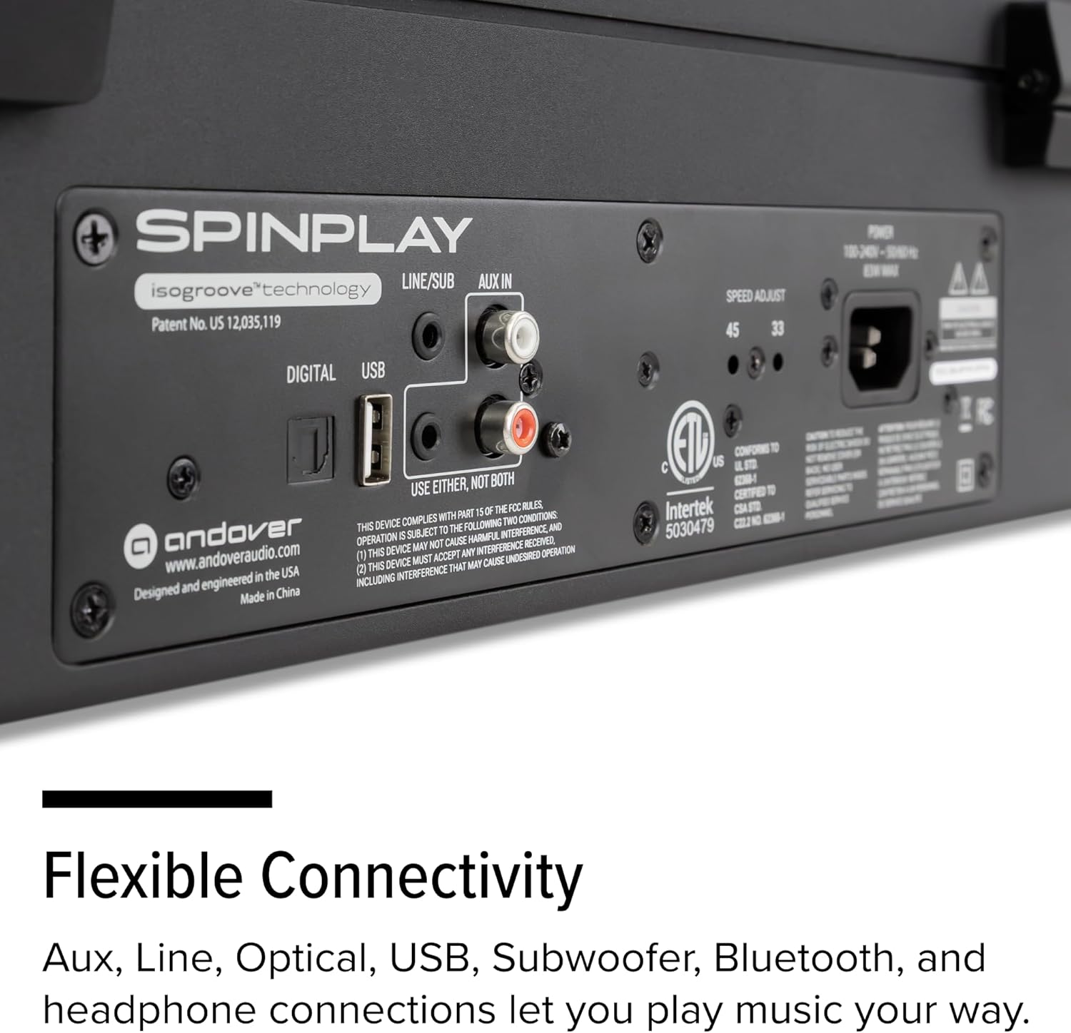 Andover Audio SpinPlay Premium All-in-One Record Player for Vinyl Record Playback - Semi-Automatic  Auto Power-On and Auto-Stop  Integrated Sound System with 270° Speaker Array - Black