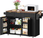 Mobile Kitchen Island with Folding Drop Leaf Countertop, Rolling Kitchen Island Cart with Trash Can Storage, Drawers, Adjustable Shelf, Spice Rack, for Dining Room, Black and Walnut MZD08BL