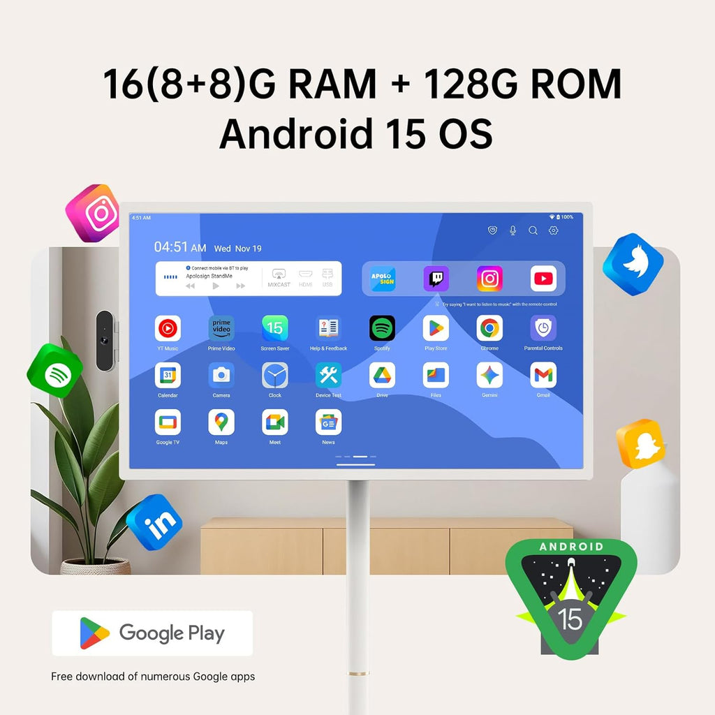 ApoloSign 32 inch FHD Smart Portable TV Gen2  16G +128G Storage  Android 15 OS  15000mAh  Rolling TV on Wheels with Rotatable Touch Screen  Built-in Battery  Full Swivel Rotation  Voice Remote