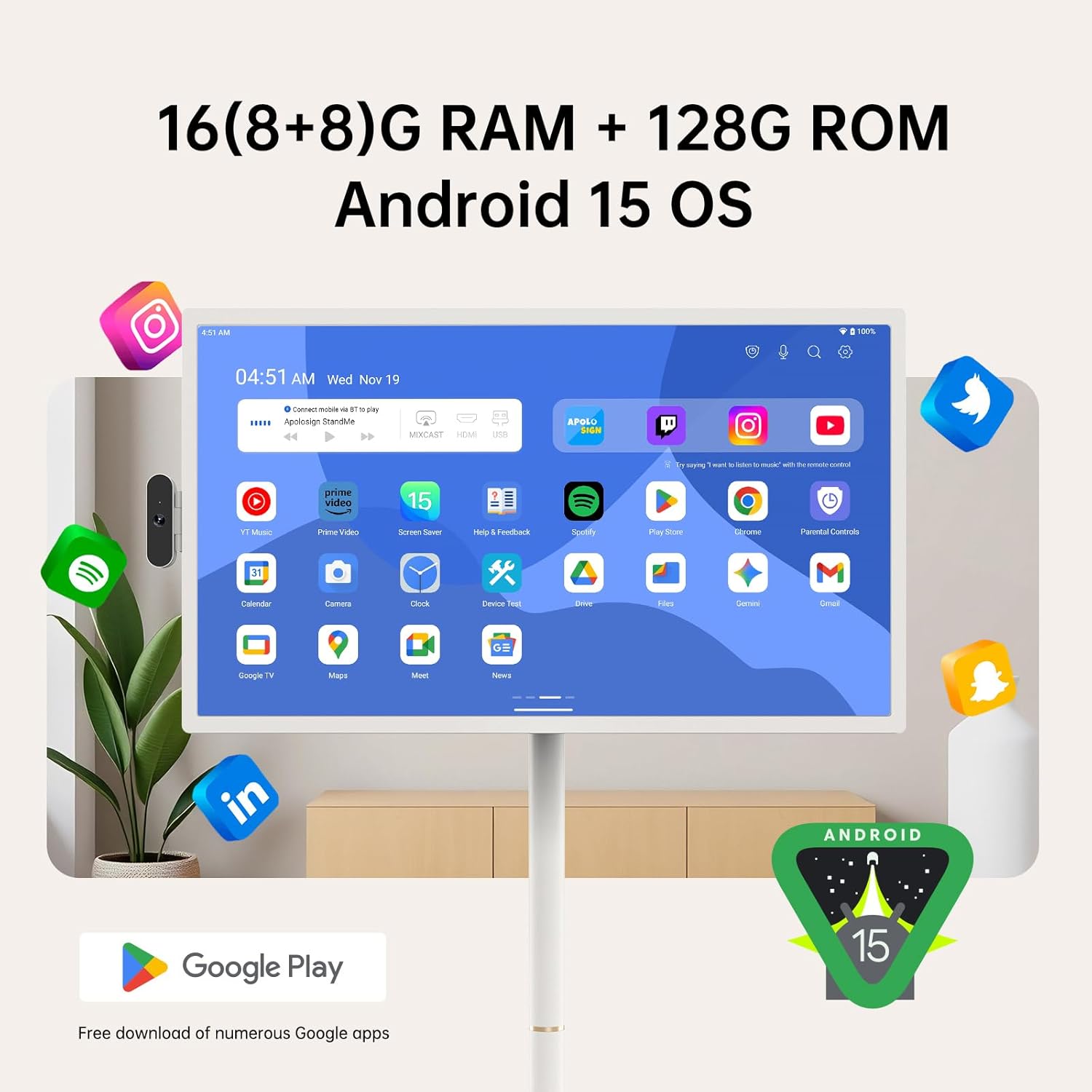 ApoloSign 32 inch FHD Smart Portable TV Gen2  16G +128G Storage  Android 15 OS  15000mAh  Rolling TV on Wheels with Rotatable Touch Screen  Built-in Battery  Full Swivel Rotation  Voice Remote