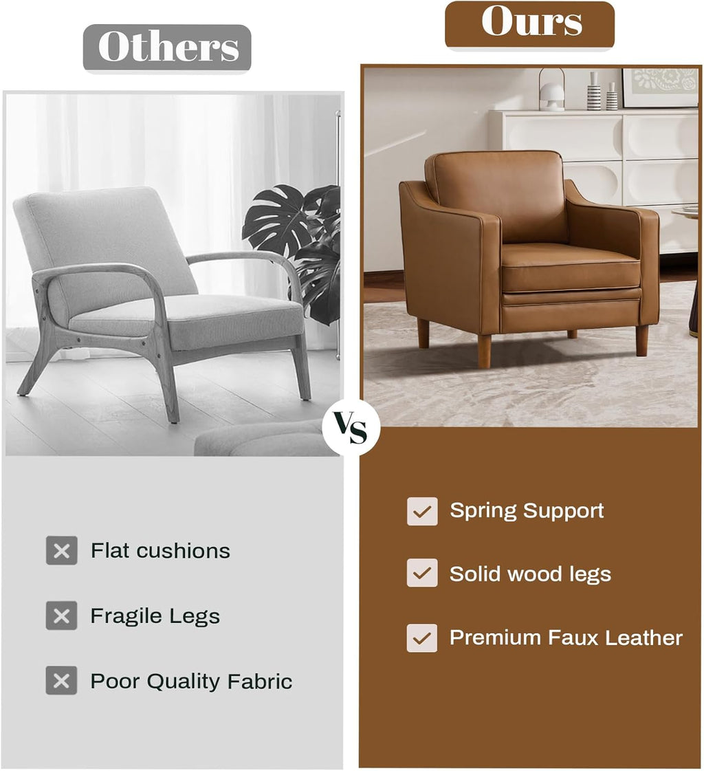 Kingfun Accent Chair Set of 2, Living Room Chairs, Faux Leather Reading Armchair, Mid Century with Solid Wood Foot, Upholstered Modern Decor for Bedroom, Apartment, Brown