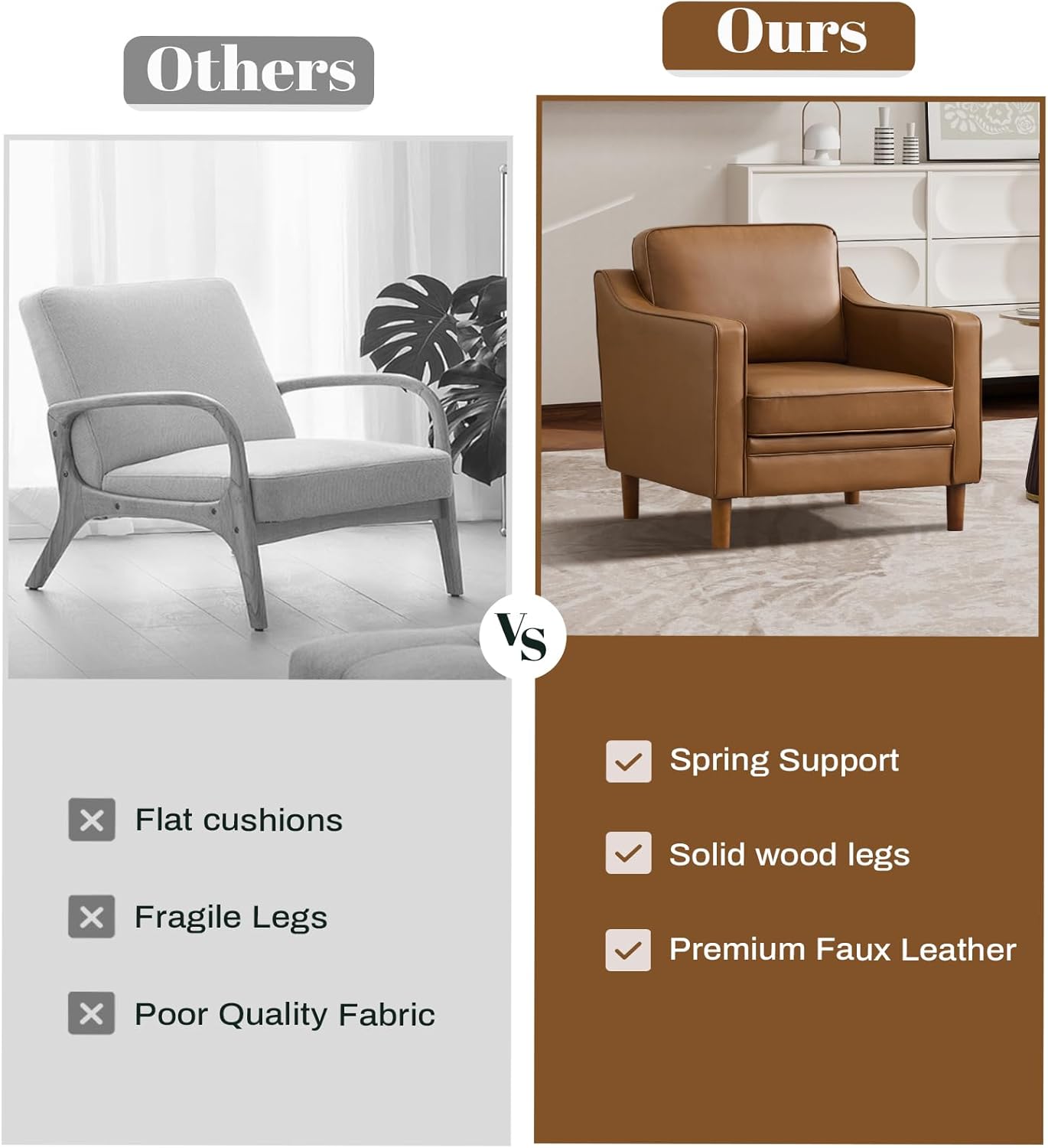 Kingfun Accent Chair Set of 2, Living Room Chairs, Faux Leather Reading Armchair, Mid Century with Solid Wood Foot, Upholstered Modern Decor for Bedroom, Apartment, Brown