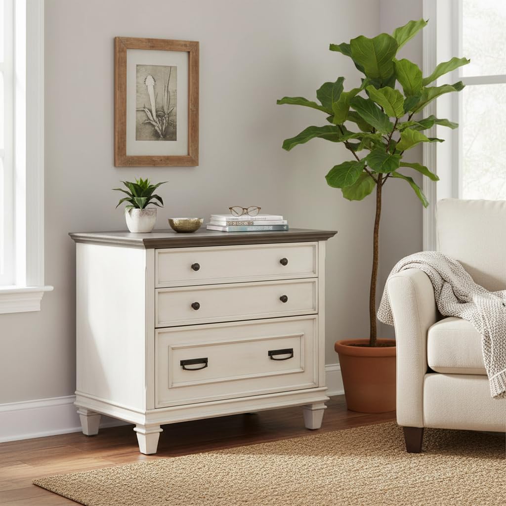 Ashford & Sons Wood Lateral File Cabinet, 31" H x 36" W x 21" D, White Finish, Locking Legal/Letter File Drawers, Ball Bearing Glides, Durable Fully Assembled Office Storage Solution